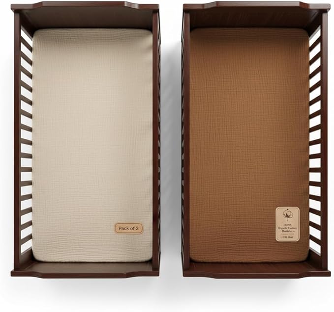 Crib Sheets Neutral Muslin Fabric 52x28x9 Inches 2 Pack Brown & Beige Baby Crib Sheets Fits Rectangular & Oval Crib Mattress, Won’t Slip Off, Baby Crib Bedding for Boys & Girls