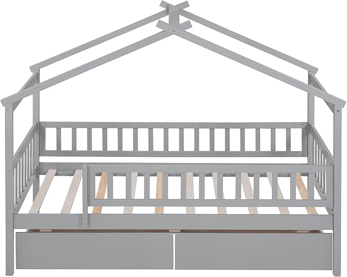 Twin House Bed with 2 Storage Drawers, Kids Twin Bed Frame with Rails and Roof, Tent Bed, Wooden Twin Daybed, Twin Montessori Bed for Kids Teens Girls & Boys, No Box Spring Needed (Gray)