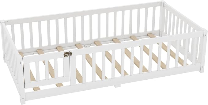 Harper & Bright Designs Twin Floor Bed Frame with Safety High Fence, Wood Montessori Bed with Door, Twin Size Floor Beds with Solid Wood Support Slats for Boys, Girls, Kids, White