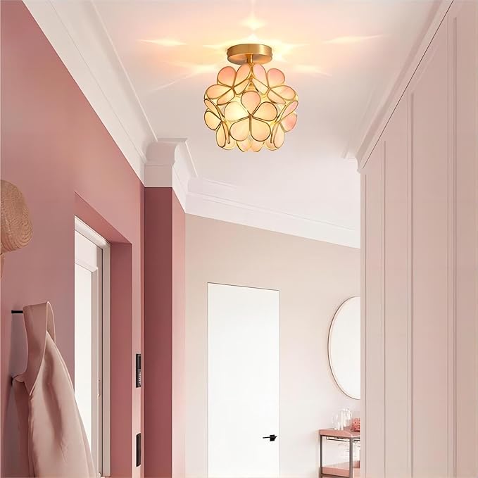 7.9 Inch Petal Ceiling Light, Tiffany Style Metal and Glass Close to Ceiling Light Fixture with E27 Base for Hallway, Entryway, Bedroom - Pink