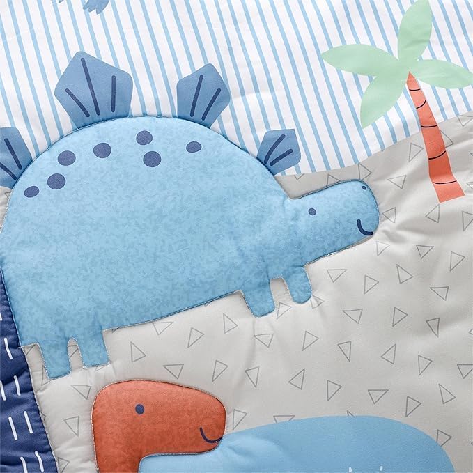 Blue Dinosaur Crib Bedding Set for Baby Boy, 3 Pieces Nursery Set Including Quilt/Fitted Sheet/Crib Skirt