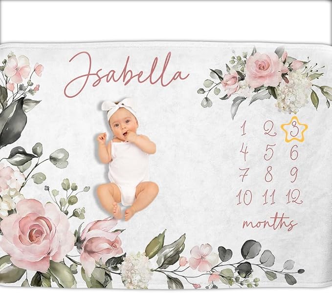 OLIVE OLIVIA Personalized Baby Gifts With Customized Name - Monthly Milestone Blanket for Girls and Boys, Perfect Custom Gift, 60"x80"