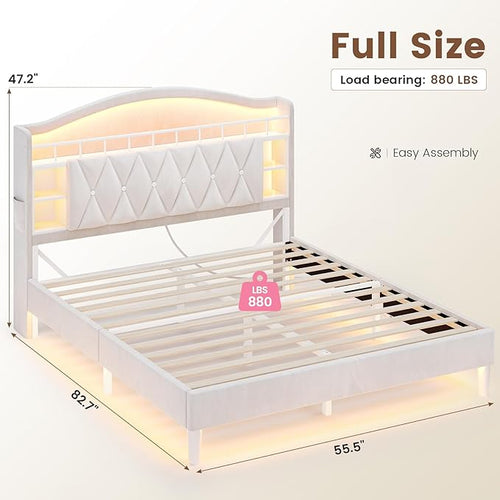 ADORNEVE Full Bed Frame with LED Lights, Princess Velvet Upholstered Platform Bed for Girls, Headboard with Charging Station & Guardrail & Crystal Button, No Box Spring Needed,Beige