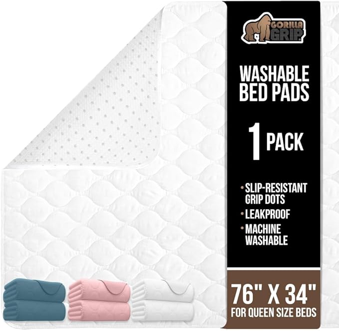 GORILLA GRIP Washable Underpads, 76x34 Waterproof Reusable Heavy Absorbency Incontinence Bed Pads, Leak Proof Toddler Mattress Pad, Slip Resistant Protector for Bedwetting, Adults and Kids, White