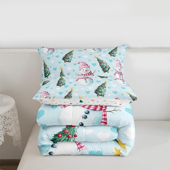 Feelyou Merry Christmas Kids Comforter Set Twin Size Cute Snowman Bedding Set Christmas Tree Duvet Quilt for Kids Boys Girls Bedroom Love Hearts Decor Microfiber Ultra Soft Breathable