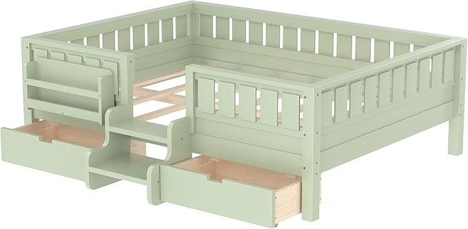 Bellemave Full Size Bed with Slats and Stairs, Full Size Platform Bed Frame with Fence, Bookshelf and Storage Drawers, Easy Assemble Beds for Kids, Girls, Boys, Green
