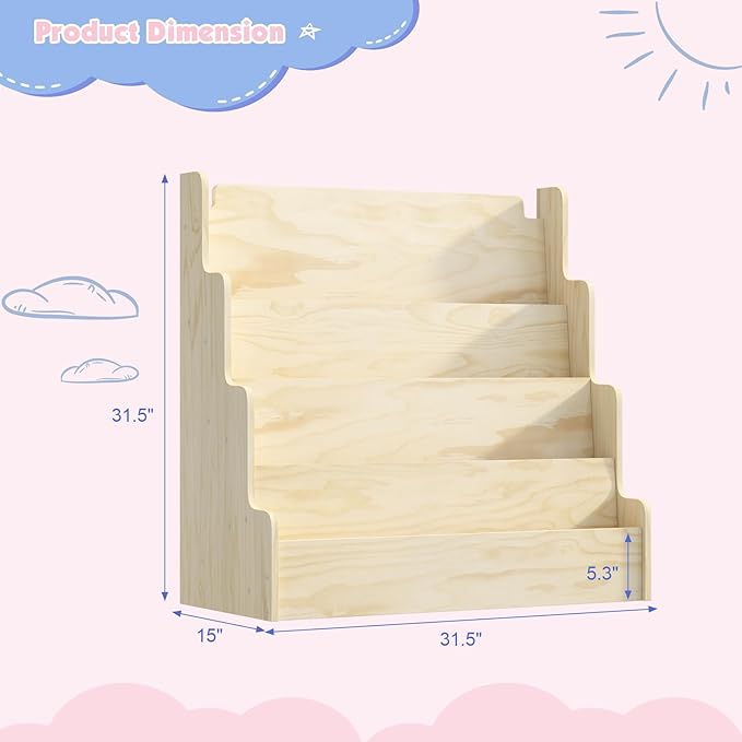NACHES Kids Bookshelf Wooden 4 Tier Scalloped Bookshelf Toddler Montessori Bookcase Children Front Facing Display Book Shelves for Nursery Kids Room Reading Room Bedroom Classroom