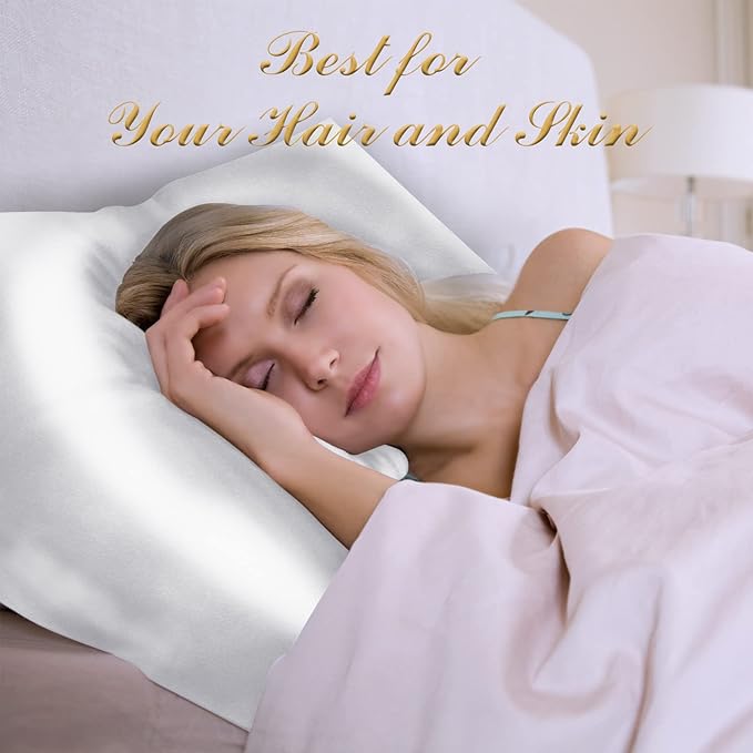 100% Mulberry Silk Pillowcase 2 Pack for Hair and Skin,with Hidden Zipper,Both Sides 22 Momme Natural Silk Pillow Cover,Soft Breathable & Smooth (White, Standard)
