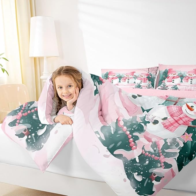 Feelyou Pink Christmas Kids Comforter Set King Size Merry Christmas Tree and Snowman Bedding Set Cute Snowman Duvet Quilt for Kids Boys Girls Bedroom Xmas Snowflake Decor Kawaii Ultra Soft Breathable
