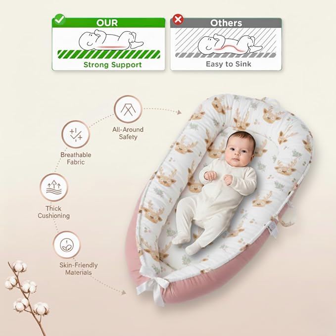 Baby Lounger – Infant Lounger for Newborn 0–24 Months, Baby Nest Lounger, Portable Newborn Lounger, Soft Breathable Cotton, Essentials for Babies at Home and Travel (Pink)
