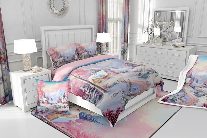Feelyou Merry Christmas Kids Comforter Set Queen Size Village Barn Bedding Set Winter Snowscape Duvet Quilt for Kids Boys Girls Bedroom Pine Tree Decor Microfiber Ultra Soft Breathable