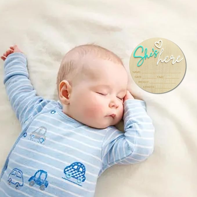 Baby Announcement Sign, 5.9 Inch Wooden Hello World Newborn Signs, Birth Announcement Sign, Gender Reveal Signs, She's here Decoration, Welcome Newborn Arrival To World, Hospital Nursery for Baby (Green She's)