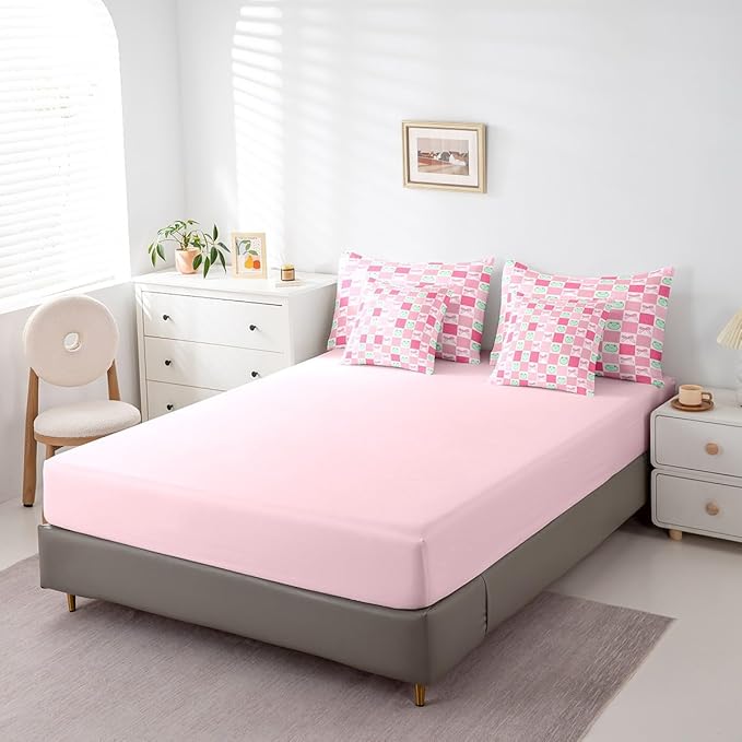 7 Pieces Cartoon Frog Kids Comforter Set King,Pink Bowknot Bow Tie Butterfly Knot Bedding Set,Geometric Plaid Grid Patchwork Cute（Comforter+Fitted+Flat Sheet+2 Pillowcases+2 Throw Pillow Covers）
