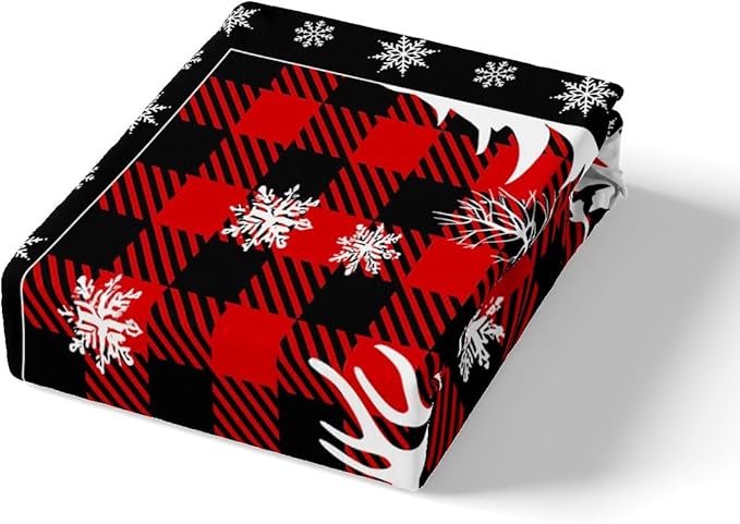 Manfei Christmas Duvet Cover Set King Size, Xmas Deer Tree Snowflake Print Bedding Set 3pcs for Kids Boys Girls Bedroom Decor, Black Red Plaid Print Comforter Cover with 2 Pillowcases,No Comforter