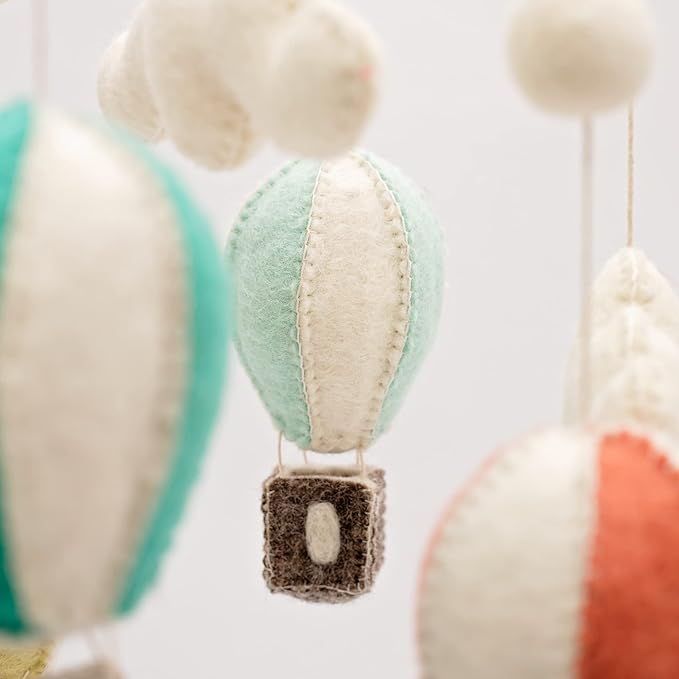 GLACIART ONE Baby Nursery Hot Air Balloon Mobile for Crib | Gender Neutral Felt Mobile With Hanging Clouds & Balls | Room Decorations Handmade From Natural Wool | Great Gift Idea