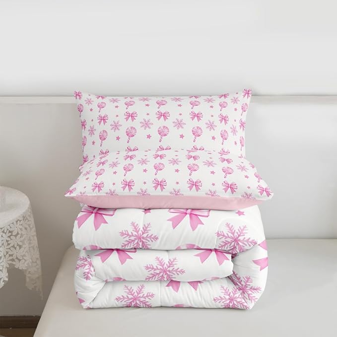Feelyou Pink Christmas Bedding Set Soft for Boys Girls, Bow Candy Comforter Set Full Size Star Snowflake Duvet Quilt Microfiber Bedroom Decor 3 Pcs with 2 Pillow Cases