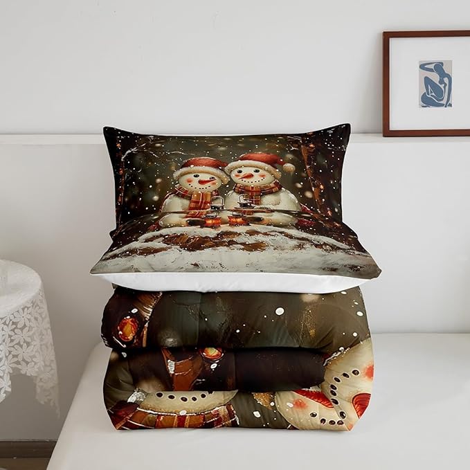 Manfei Kawaii Snowman Kids Comforter Set Queen Size,Dead Tree Winter Snow Romantic Bedding Set,Boys Girls Room Decor,Merry Christmas Down Comforter,Black White Duvet Insert,2 Pillowcases