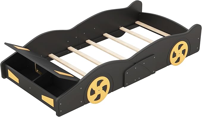 Harper & Bright Designs Twin Size Race Car-Shaped Platform Bed with Wheels and Storage, Black+Yellow