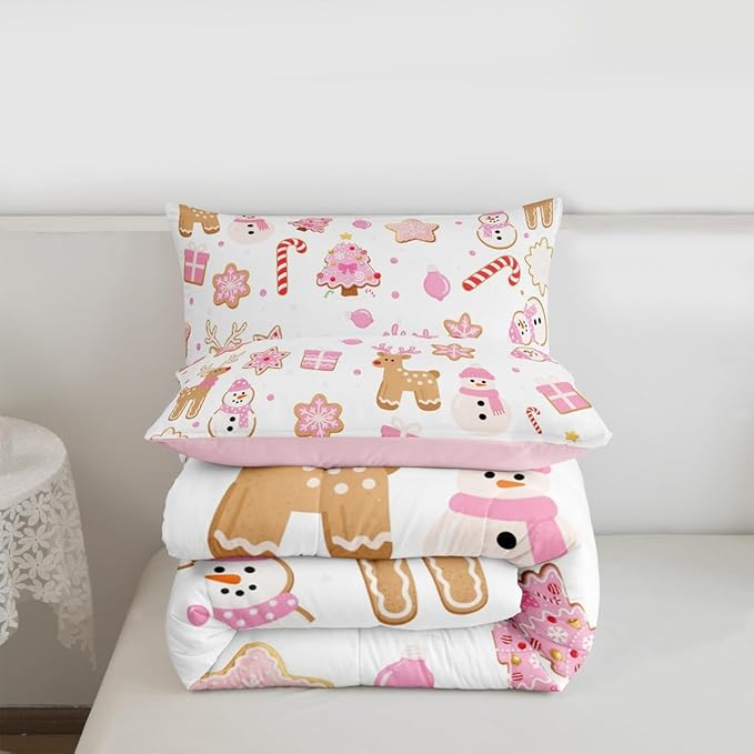 Feelyou Pink Christmas Comforter Set King Size Snowman Deer Bedding Set for Kids Boys Girls Snowflake Duvet Quilt Bedroom Decor Microfiber 3 Pcs with 2 Pillow Cases