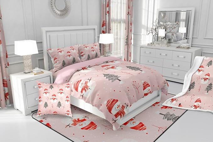 Feelyou Cute Snowman Bedding Set Soft for Boys Girls, Christmas Trees Comforter Set King Size Xmas Snowflake Duvet Quilt Microfiber Christmas Decor Bedroom Decor Holiday 3 Pcs with 2 Pillow Cases