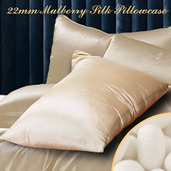 100% Mulberry Silk Pillowcase 2 Pack for Hair and Skin,with Hidden Zipper,Both Sides 22 Momme Natural Silk Pillow Cover,Soft Breathable & Smooth (Beige, Queen)