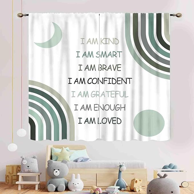 Rainbow Curtains for Girls Bedroom, Boho Rianbow Quotes Inspirational Motivational Positive Colorful Galaxy Pink Purple Window Drapery for Baby Kids Living Room Nursery Classroom, 55"x63" Inch