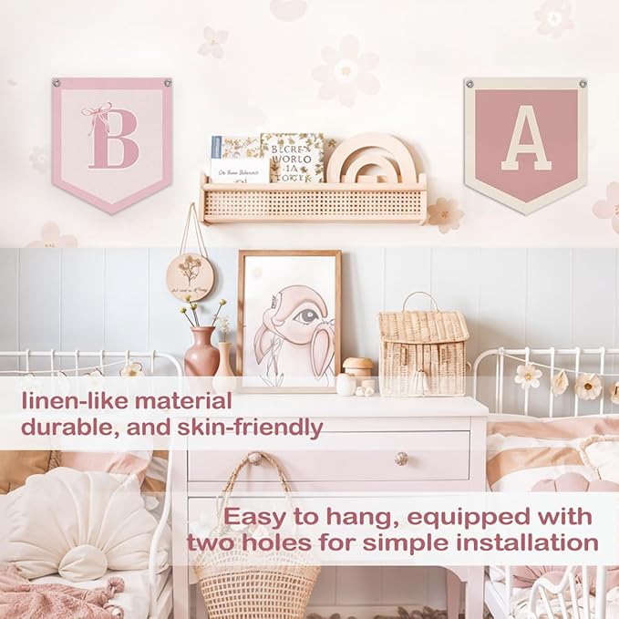Lacama Initial Personalized Preppy Banner, Baby Shower Decor Girl Nursery Decor, Coquette Pink Bow Teen Girl Gifts, Vintage Room Toddler Room Bedroom Playroom Front Door Birthday Gift(B)