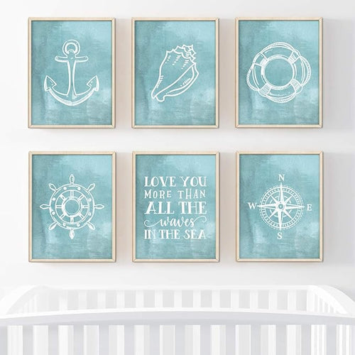 Andaz Press Ocean Nautical Sailor Theme Nursery Kids Bedroom Hanging Wall Art Decor, 8.5x11-inch, Watercolor Aqua Blue, Compass, Anchor, Shell Graphics, 6-Pack, Unframed Room Poster
