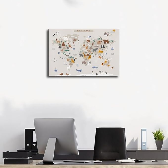 KIPNG Kids World Map - Playroom Animal World Map - Nursery Educational Poster Canvas Poster Bedroom Sports Landscape Office Room Gift Unframe-style20x30inch(50x75cm)
