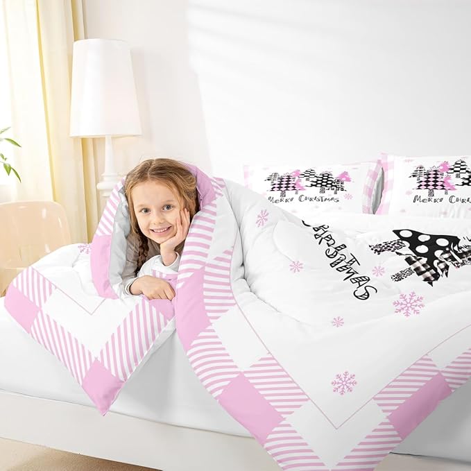 Manfei Xmas Trees Comforter Set King Size, Pink Plaid Grid Snowflake Down Comforter with 2 Pillowcases, Christmas Theme Bedding Set 3pcs for Kids Girls Adults Room Decor New Year Duvet Insert