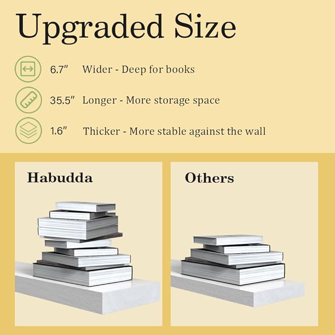 Habudda Floating Shelves for Wall, 35.5 Inch Long Natural Wood Shelf, White Rustic Decor for Bathroom Kitchen Bedroom, Hanging Mounted Invisible Bracket, Set of 2