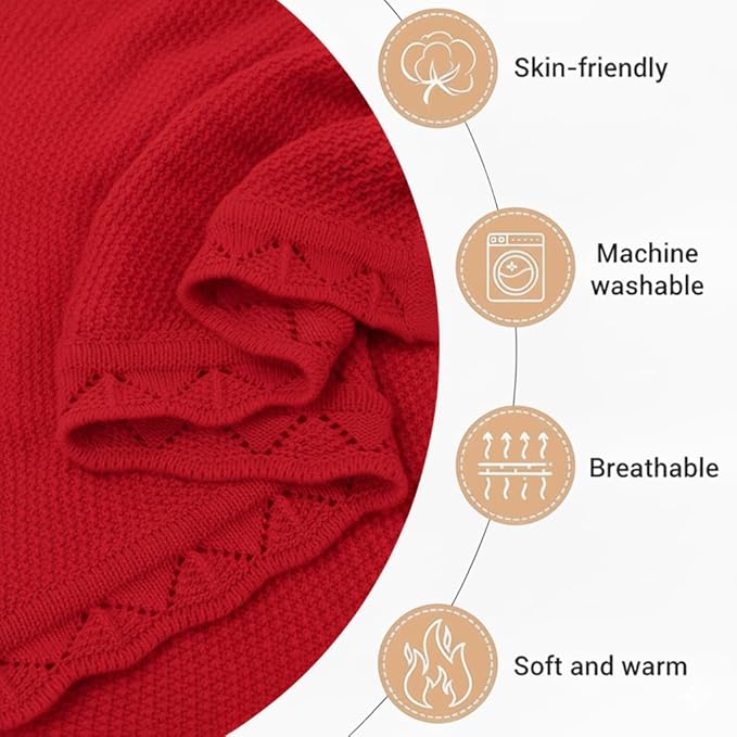 Baby Knit Blanket Soft Breathable Cotton Scallop Border Blankets Newborn Knitted Blanket Swaddle Blankets Gifts for Baby Newborn Toddler Shower Boy Girl New Mom Birthday Christmas Red 30x30