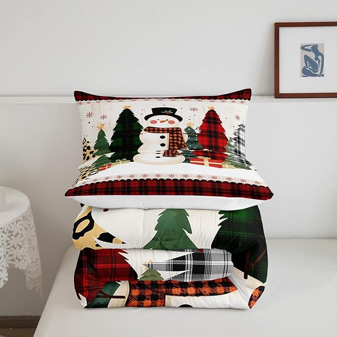 Manfei Snowman Comforter Set King Size, Xmas Leopard Plaid Trees Snowflake Down Comforter with 2 Pillowcases, Christmas Theme Bedding Set 3pcs for Kids Girl Bedroom Decor New Year Duvet Insert
