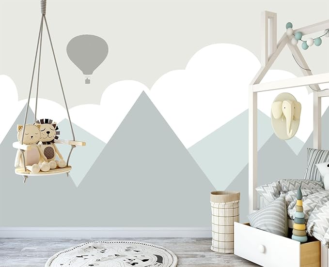 Cartoon Hot air Balloon Mountain Peak Baiyun Children's Nursery Wall Mural Wallpaper 178" x 117"