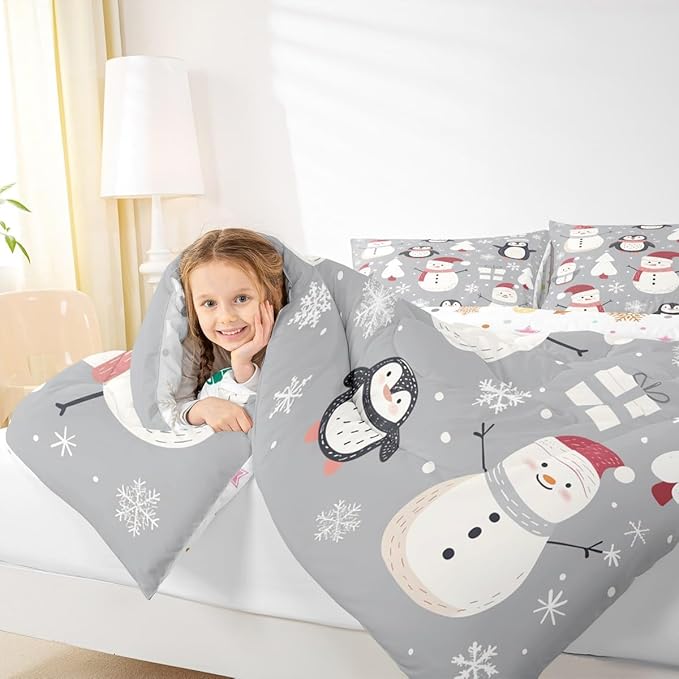 Feelyou Christmas Comforter Set Queen Size Snowman Snowflake Bedding Set for Kids Boys Girls Penguin Duvet Quilt New Year Gift Bedroom Decor Microfiber 3 Pcs with 2 Pillow Cases