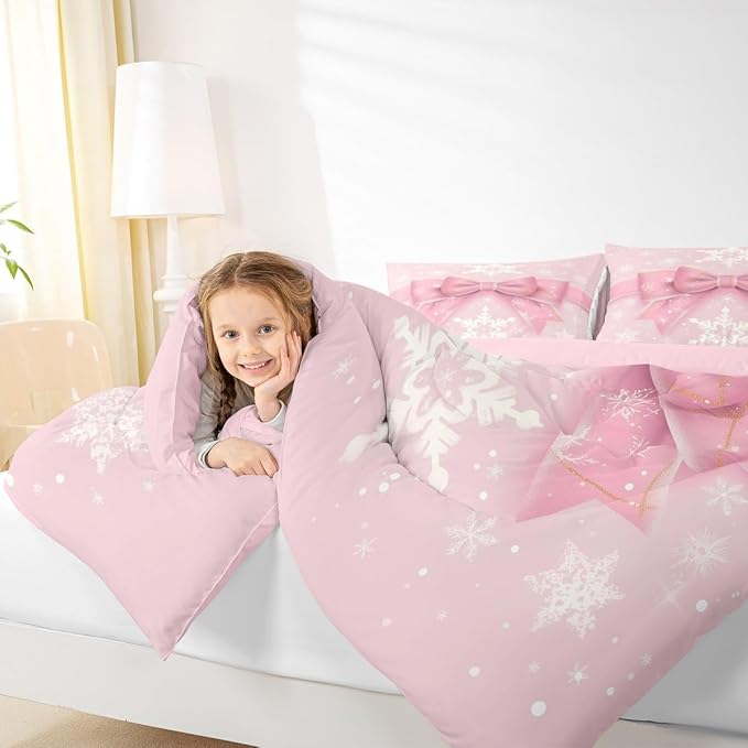 Feelyou Pink Bow Comforter Set All Season Coquette Bow Knot Bedding Set with 2 Pillow Cases Xmas Snowflake Kids Queen Bedclothes Cute Dreamy Princess Style Decor Christmas Duvet Quilt Soft