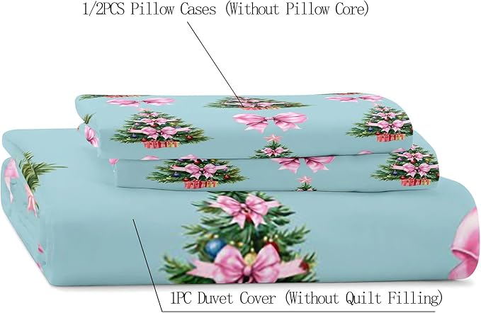 LUVIVIHOME 2PCS Pink Bow Christmas Tree Duvet Cover Twin Bedding Sets, Teen Girl Bedding, Blue Duvet Cover, Winter Holiday Kids Christmas Comforter Cover, Coquette Room Decor Aesthetic, 1 Pillow Case