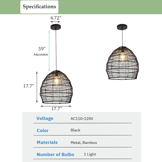 Bamboo Pendant Light Fixture Boho Style 1 Lights Rattan Pendant Lamp Woven Hanging Light for Kitchen Island Nursery in Black(17.7" W)