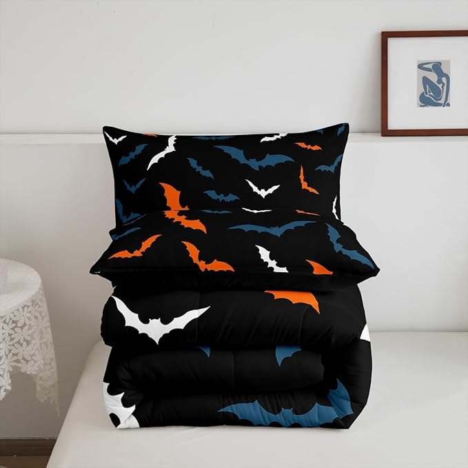Erosebridal Bat Bedding Set for Kids Adults Boys Girls Happy Halloween Comforter Set Toddler Size Gothic Spooky Quilt Orange Bats Duvet Insert with 1 Pillow Case