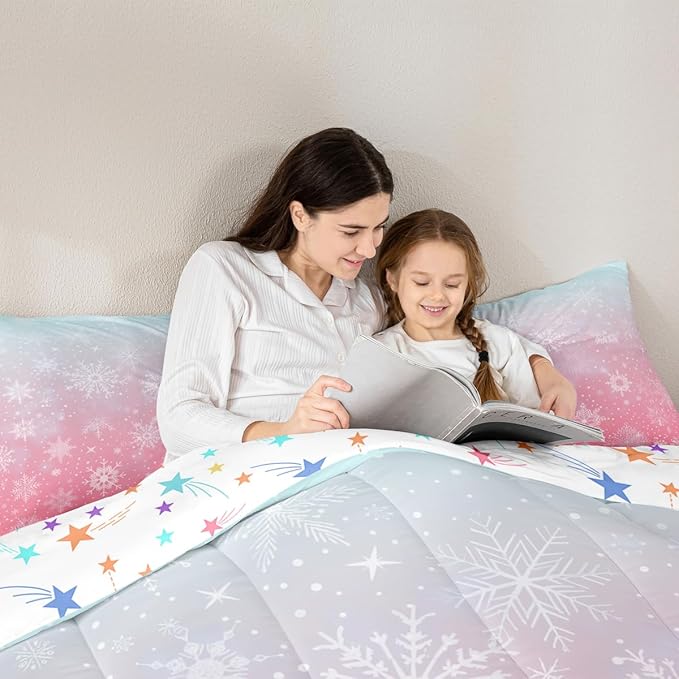 Feelyou Christmas Comforter Set Queen Size Winter Snowflake Bedding Set for Kids Boys Girls Blue Pink Gradient Duvet Quilt Bedroom Decor Microfiber 3 Pcs with 2 Pillow Cases