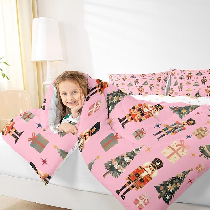 jejeloiu Xmas Nutcracker Comforter Set Queen Size Christmas Pink Bedding Set for Kids Boys Girls Cute Snowflakes Duvet Quilt Bedroom Decor
