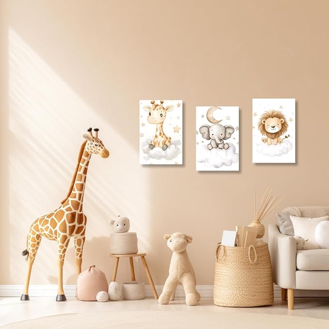 DOARTDO Nursery Animal Canvas Wall Art Baby Animal Pictures 3 Pieces Cute Elephant Lion Giraffe Print Painting Kids Room Nursery Decor Frame (20x28inchx3Pcs)