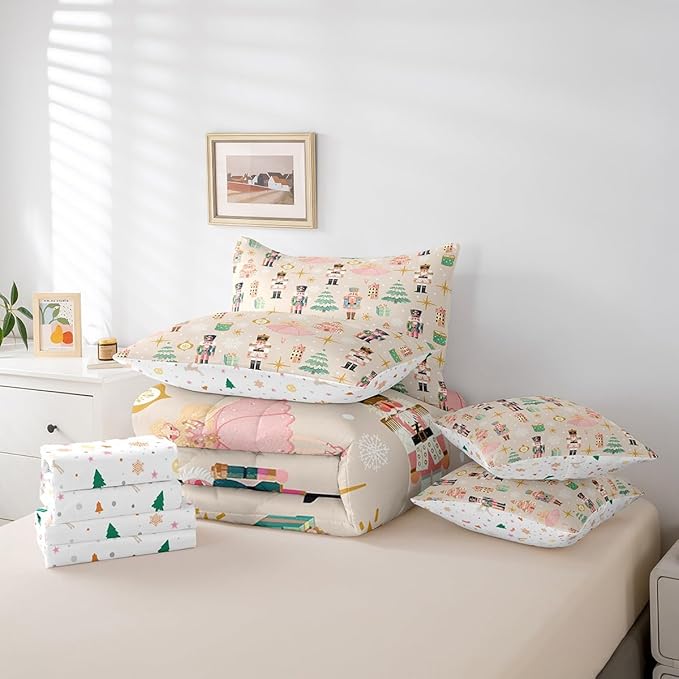 Erosebridal 7Pcs Beige Christmas Comforter Set Full Size,Princess Nutcracker Bedding Set,Xmas Tree Snow Bed in A Bag for Kids Boys Girls,Starry Sky Christmas Decoration Quilt with Flat Fitted Sheet
