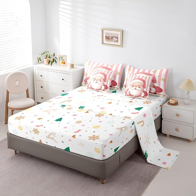 Feelyou Merry Christmas Decorations Queen Size Bed Set Santa Claus Bed in a Bag Pink Bedding Set Soft Warm Lightweight Comforter Set with Sheets