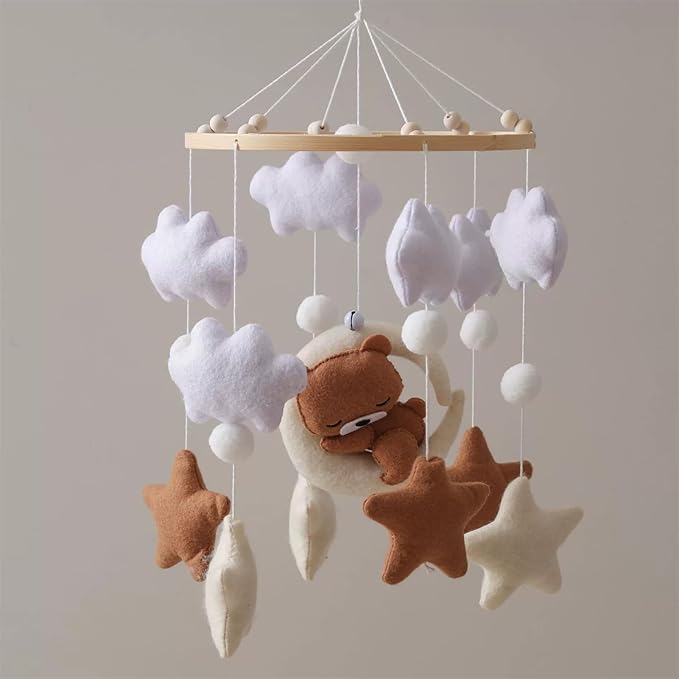 Baby Crib Mobile - Sleeping Bear Mobile for Crib, Felt Cloud Stars Nursery for Boys and Girls, Baby Nursery Hanging Decor (F)