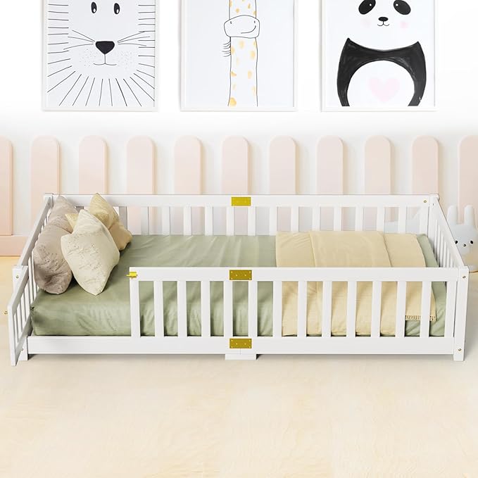 NAIZEA Twin Floor Bed for Kids-Twin Montessori Bed Frame with Wood Slats and Door and Slats, Wood Toddler Floor Beds for Girls and Boys, White