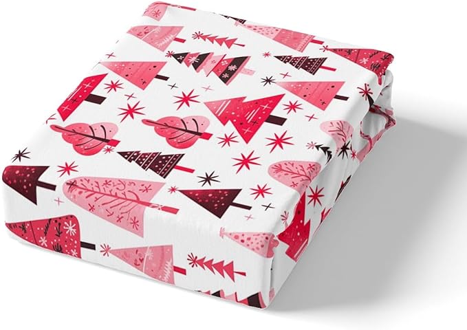 Pink Xmas Trees Duvet Cover Set Queen Size, Christmas Theme Bedding Set 3pcs for Kids Boys Girls Adults, Happy New Year Comforter Cover Soft Polyester Quilt Cover with 2 Pillowcases,No Comforter