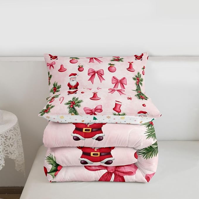 Feelyou Santa Claus Bedding Set Soft for Boys Girls, Pink Bow Comforter Set Toddler Size Christmas Ornament Duvet Quilt Microfiber Candy Cane Bedroom Decor Holly Berry 2 Pcs with 1 Pillow Cases