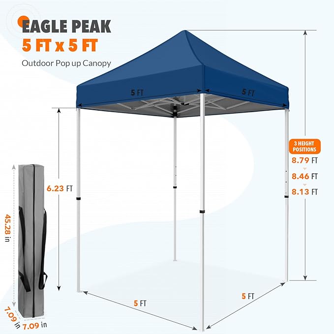 EAGLE PEAK 5x5 Pop Up Canopy Tent Instant Outdoor Canopy Easy Set-up Straight Leg Folding Shelter, Dark Blue