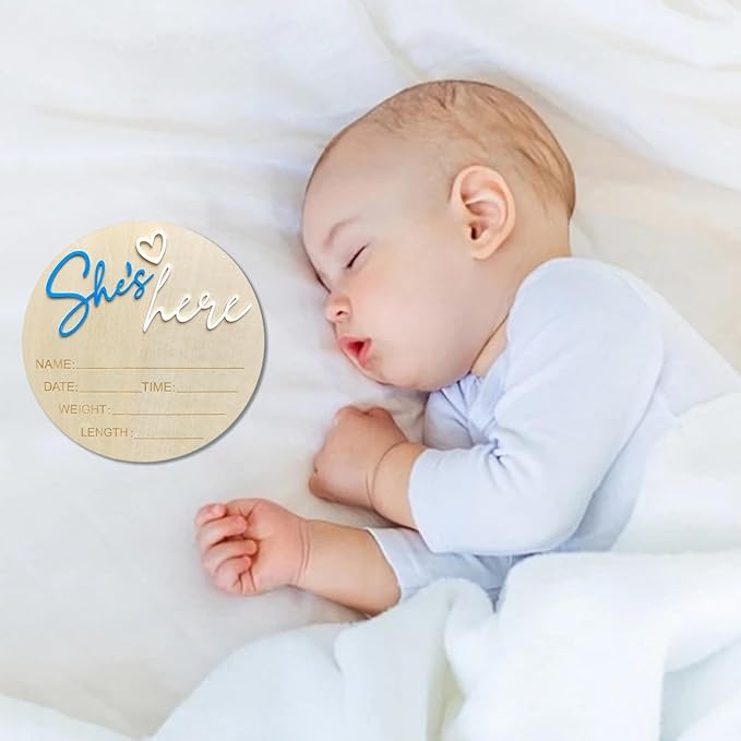 Baby Announcement Sign, 5.9 Inch Wooden Hello World Newborn Signs, Birth Announcement Sign, Gender Reveal Signs, She's here Decoration, Welcome Newborn Arrival To World, Hospital Nursery for Baby (Dark blue She's)